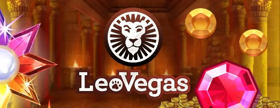 LeoVegas Casino slots banner with the lion logo, gems and coins